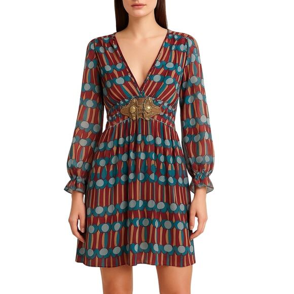 Nanette Lepore Burgudy Geometric Long Sleeve Midi Babydoll Dress with Buckle 10 - Picture 1 of 7